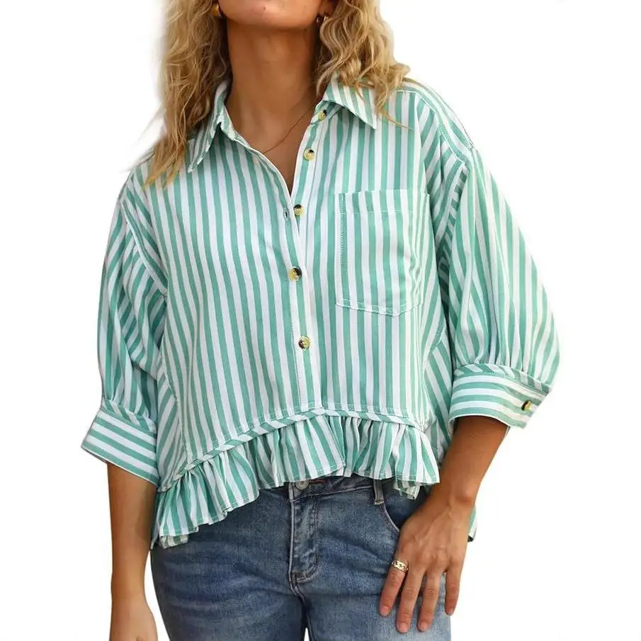 Casual zomer irt voor dames Button ort Sve geplooide zoom gestreepte top polyestervezel Bubble Sve normaal dun