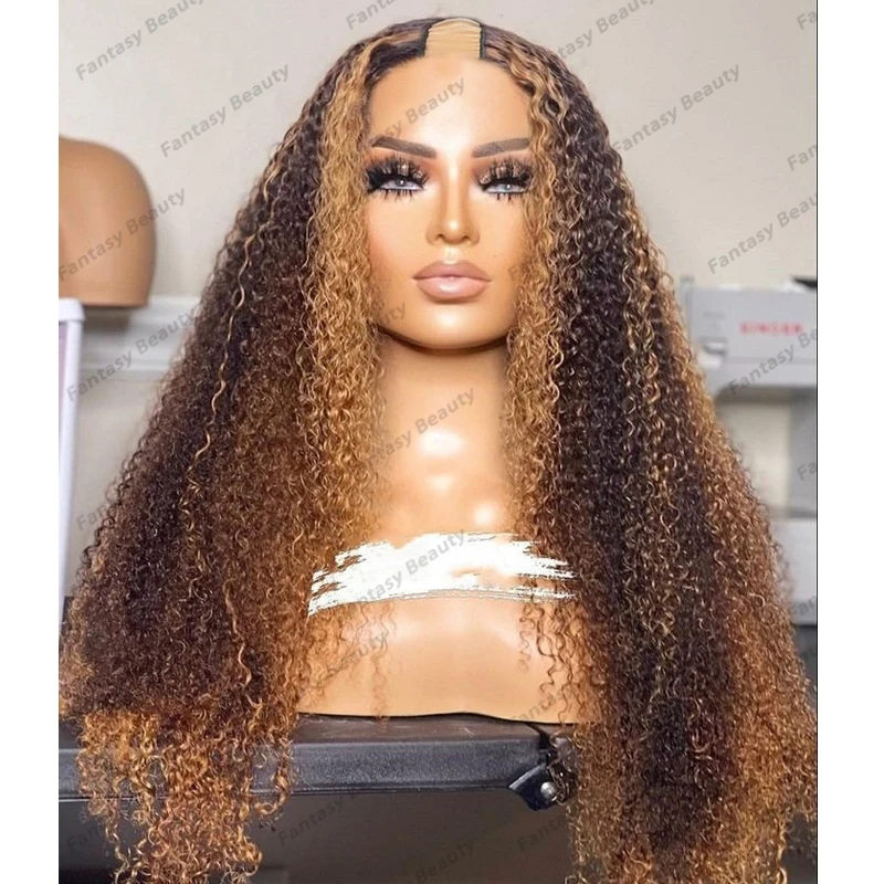 

Afo Kinky Curly Highlight Balayage Blonde Human Hair 1x4 U Part Wigs for Black Women 200Density Adjustable V Part Wigs Full Ends