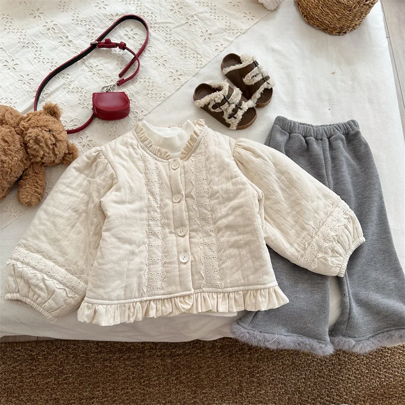 

Детское пальто 2024, зимнее детское пальто с милыми деревянными ушками, одежда на хлопковой подкладке, кружевная однотонная куртка, милая верхняя одежда для девочек