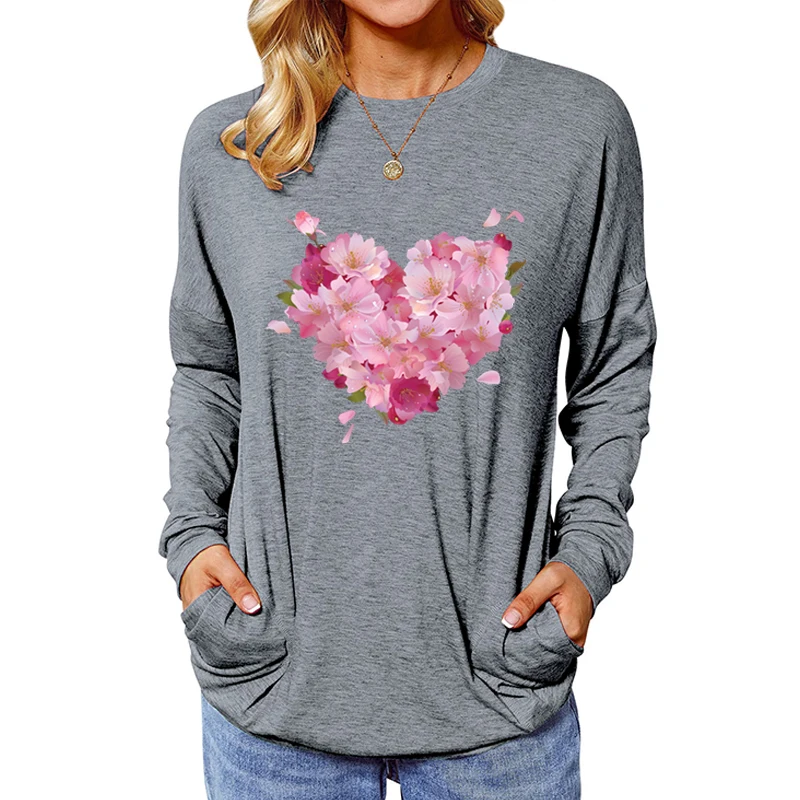 Flower Heart Graphic T Shirts Women Trendy Pink Floral Hearts Fashion Casual Long-sleeved Shirt Flower Lover Gift Fall Clothes