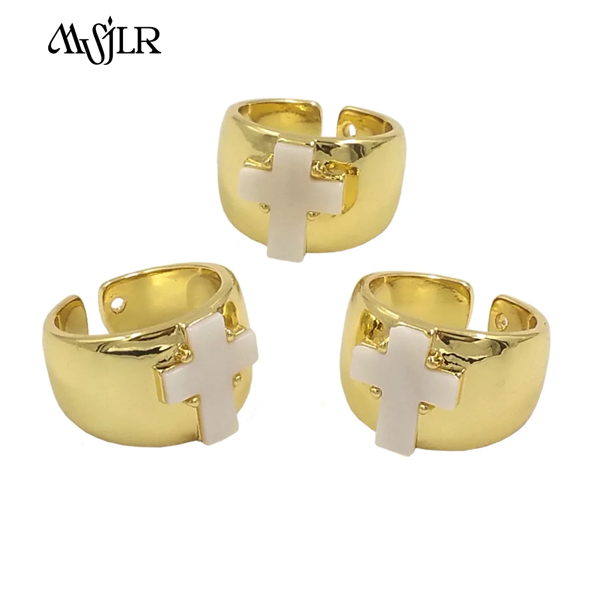 MVR087   2024 New Arrival Religious Retro Style Yellow Brass Cross Shaped Design Shell Ring Daily Wearing Accessories