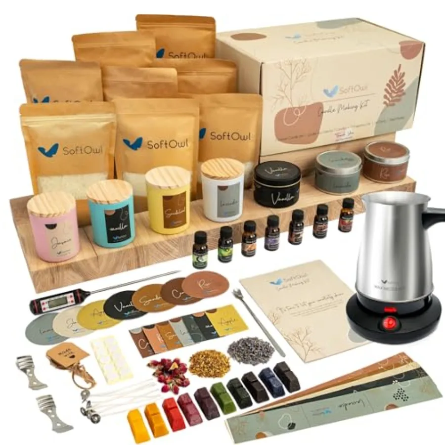 

Premium Soy Candle Making Kit with Electric Melter - Soy Wax 7oz Jars Tins 7 Pleasant Scents Color Dyes Included - Ideal for Ho