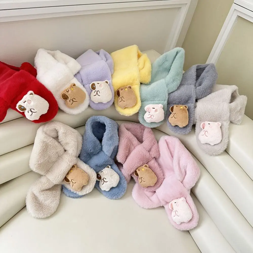 

2pcs Kawaii Kapibala Plush Scarf Kapibala Shaped Thicked Cross Neck Warmer Keep Warm Solid Color Children's Kapibala Scarf Kids