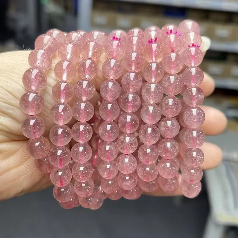 JD 3A Natural Brazil Strawberry Quartz Bracelets Women Fashion Red Crystal Clear Round Beads Lovers Strand Bangles Jewelry