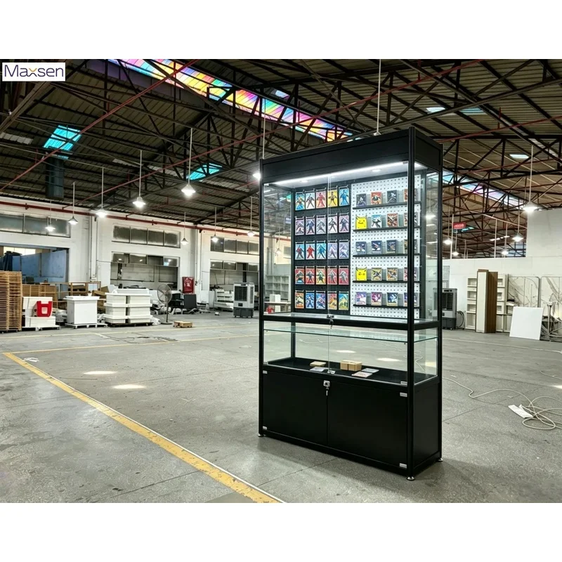 custom.Maxsen High Quality LED Lighted Black Freestanding Lock Glass Trading Card Display Cabinet Sports Anime Collectible R