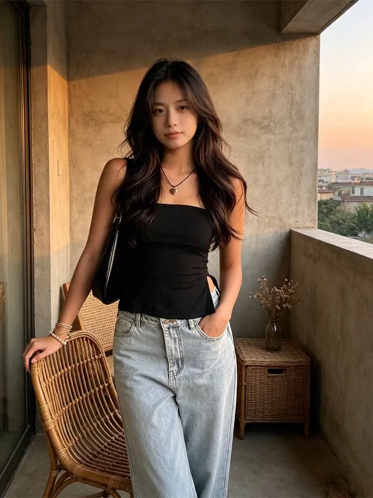 Spicy girl solid color one line strapless elastic slim fit side slit design, summer strapless top