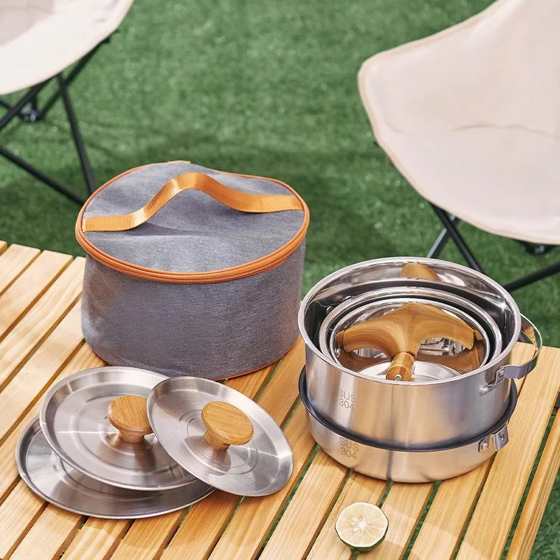 304 stainless steel set pot, outdoor camping collapsible handle wok, picnic portable pot