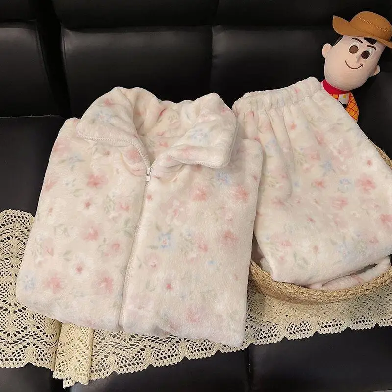 

Pajamas Women Winter Coral Fleece Ins Sweet Zipper Fleece Lined Thick Homewear Two Piece Set Cute Kawaii Fashion Trendy New