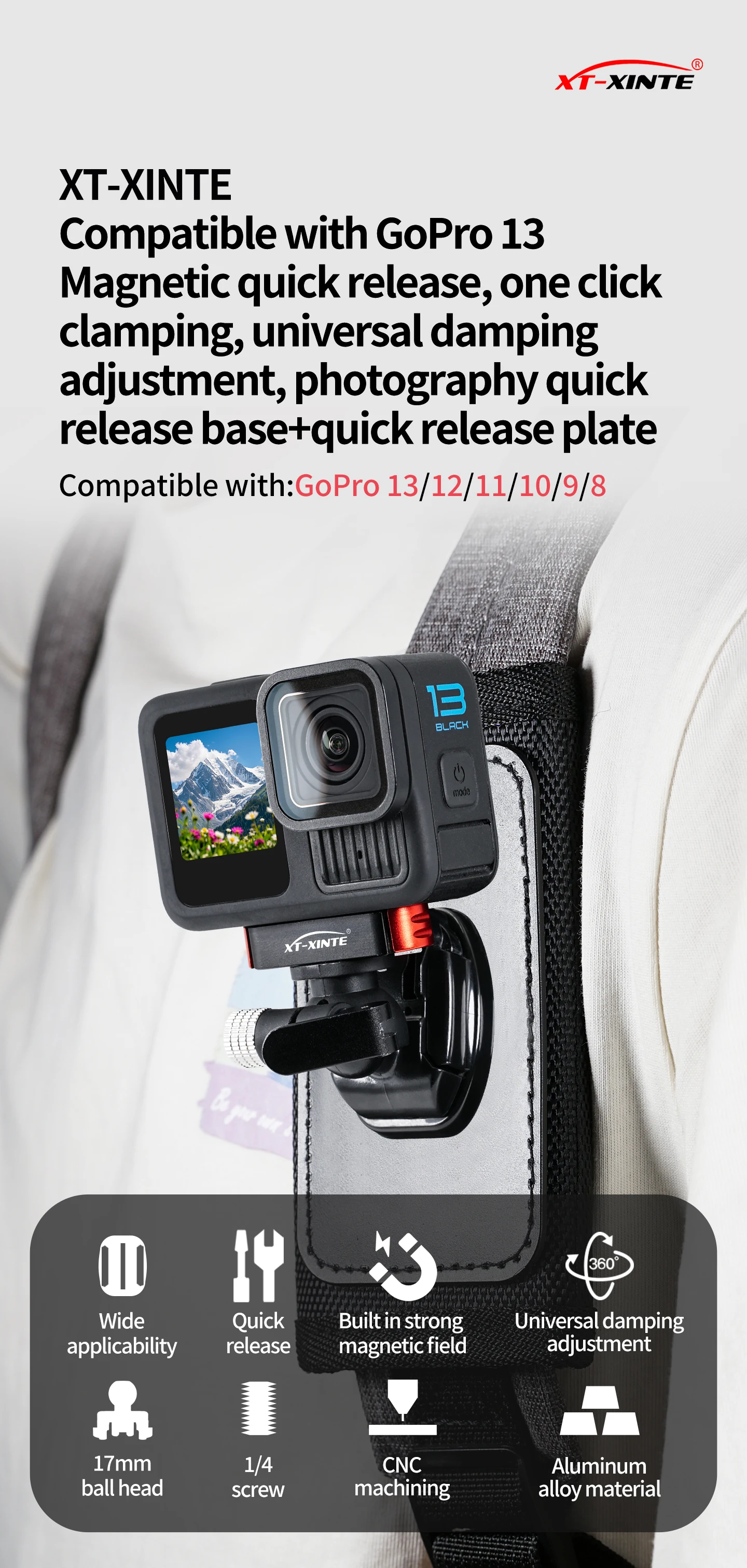 17MM Kugelkopf Action Kamera Schnellverschluss Schnalle Basis für GoPro Insta360 DJI Osmo Tasche Magnetische Motorrad Halterung – Detail 1