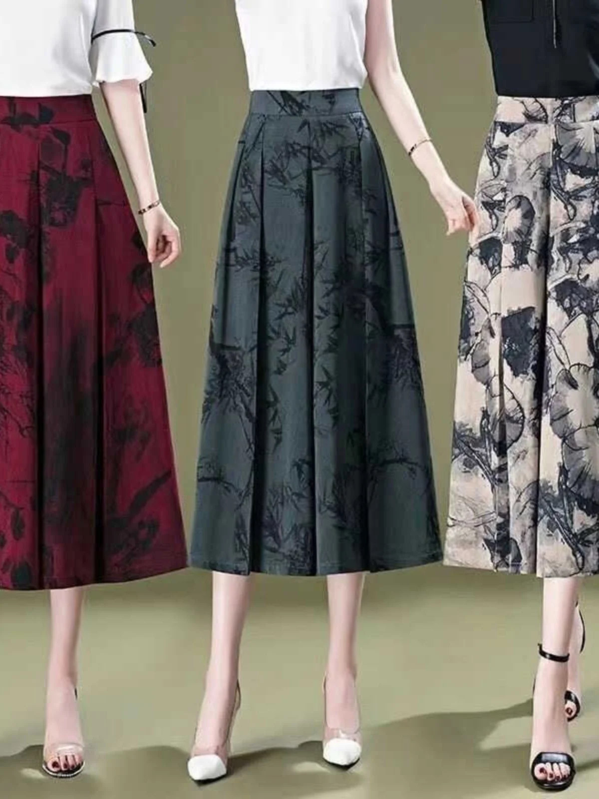 

Брюки-юбка с высокой талией и широкими штанинами, женские летние тонкие брюки из ледяного шелка с принтом, повседневные свободные брюки для мам, одежда для женщин среднего и старшего возраста
