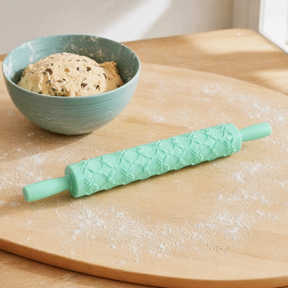 PP Embossing Rolling Pin Non-Stick Narcissus Droplet Heart Dough Roller Twin Handles Horizontal Stripe Willow Leaf