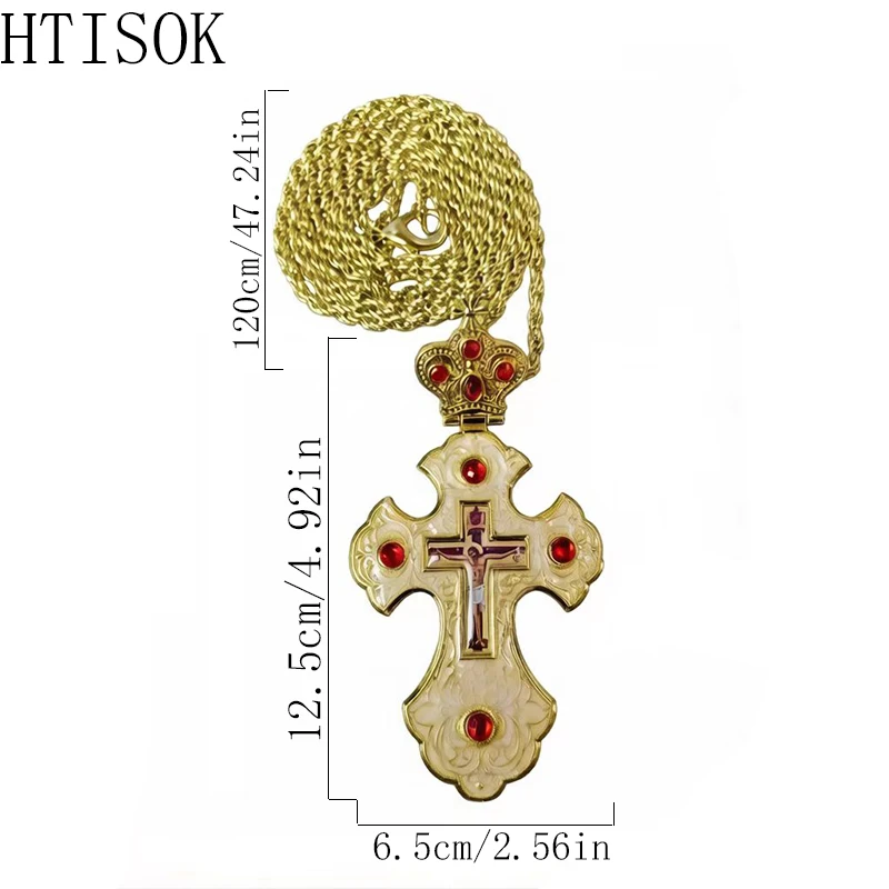 Gold Plated Byzantine Orthodox Pectoral Cross Necklace with Red Enamel Crown Crucifix for Priest Clergy Religious Devotion Gift