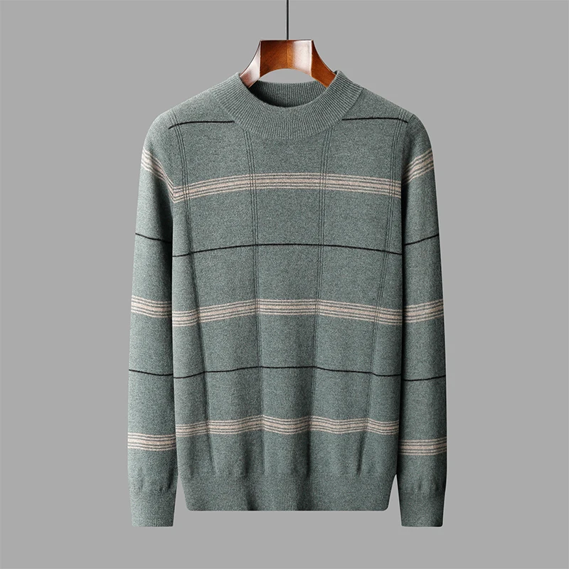 100% pure wool men's semi-high neck thick striped sweater business casual autumn and winter new knitted bottoming shirt.