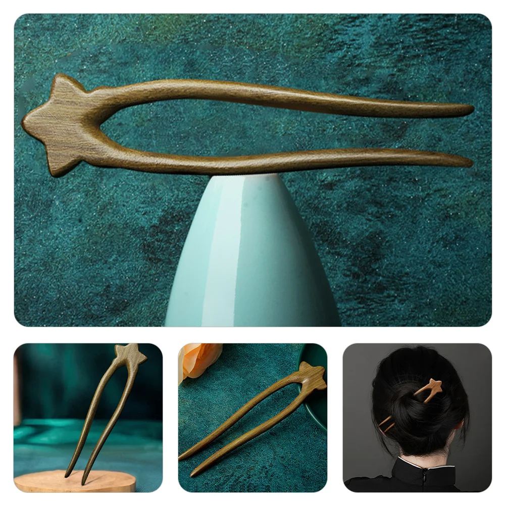 

Chinese Wood Hair Stick U Shape Hair Fork Smooth Edge Star Decorative for Night Out Long Thick Hairpins French Pin