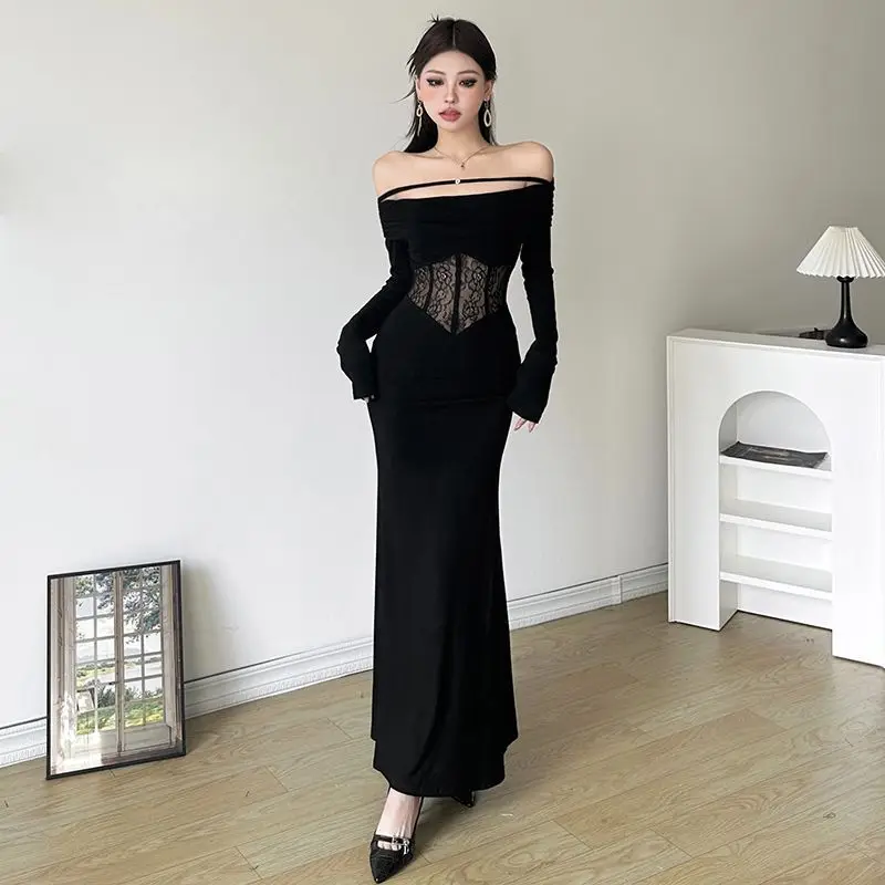 

French Style Lace Waist Cinching Off-Shoulder Mermaid Long Dress Women Slim Fit Slimming Knitted Dress