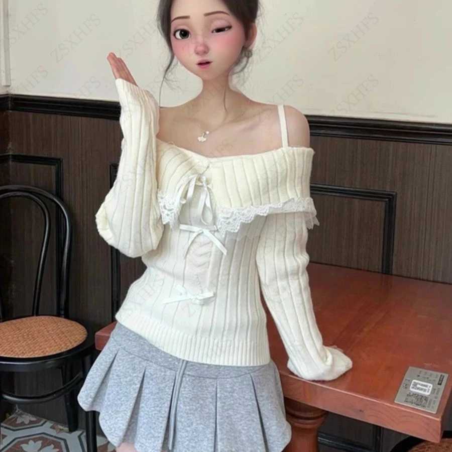 

Girly Sweet Streetwear 2000-х годов, кружевной вязаный свитер с открытыми плечами, женский повседневный пуловер с длинными рукавами, нежный элегантный топ с поясом