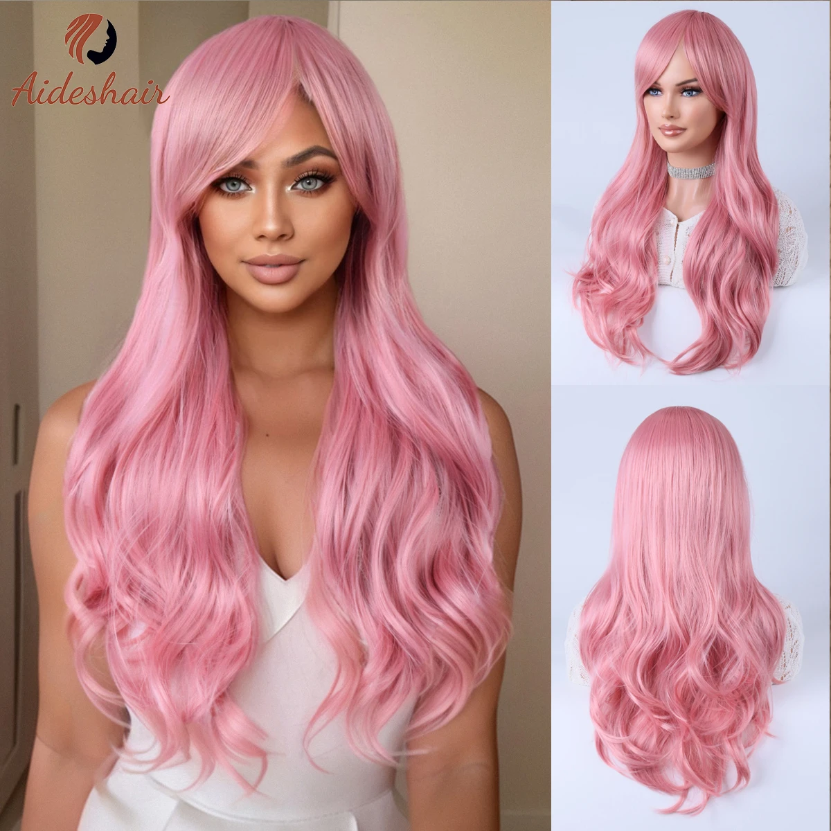 Pink diagonal bangs Long wavy wig for women Heat resistant Fiber synthetic wig for everyday Cosplay (26 inches)