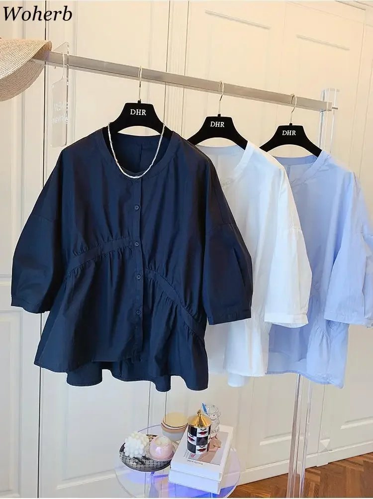 Woherb Casual Overiszed Loose Doll Shirt Korean Chic O-neck Blouses 2024 Summer Ladies Puff Sleeve Pleated Blusas Camisas Mujer