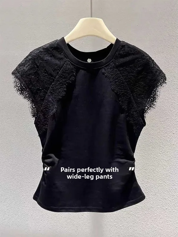 

Хлопковая футболка ort Sve, кружевная лоскутная футболка с завязкой на талии, плиссированный топ Faion, корейский круглый топ Ne Commute Faion