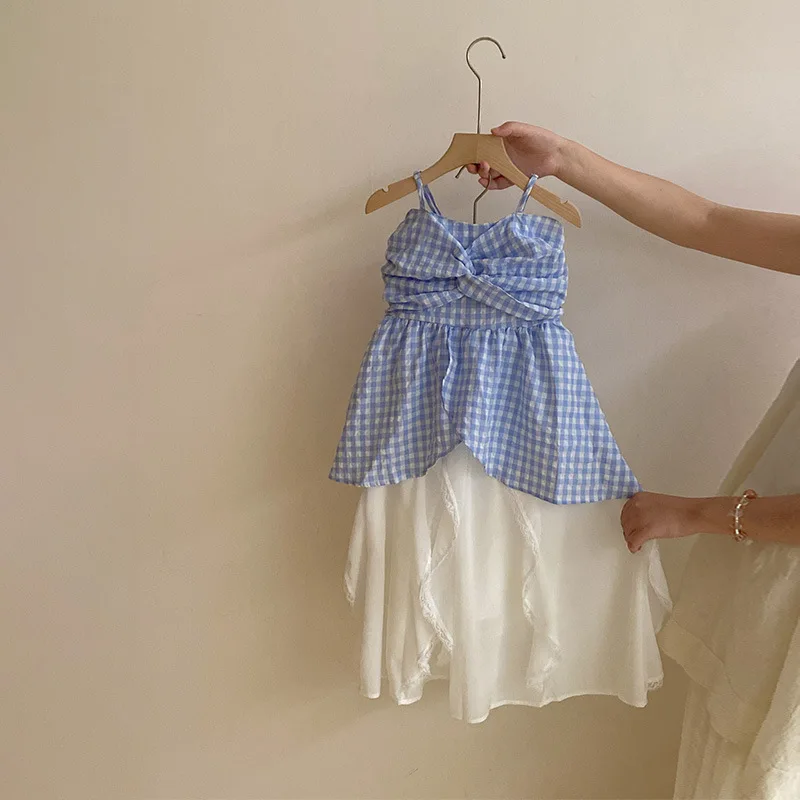 2026 Girls Korean Sweet Plaid Strapless Top Summer New Design Sense Lace Casual Suitable Skirt Two Piece Set