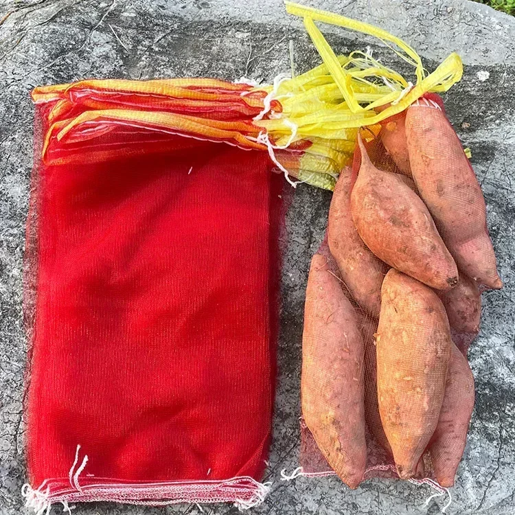 Bolsa de malla de plástico para patatas frías y patatas, embalaje de frutas y verduras, bolsa tejida de malla pequeña roja y amarilla, 100 Uds.