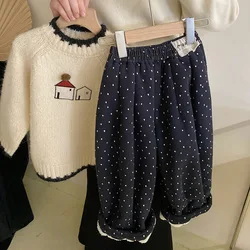 Korean Girls Contrast Cartoon Cute Knitted Sweater 2024 Autumn Winter New Fleece Thickened Polka Dot Pants Fashion Set