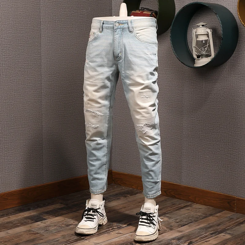 

Broken patch retro blue cropped jeans men's 2025 new fashion heavyweight denim distressed slim fit small straight leg pants