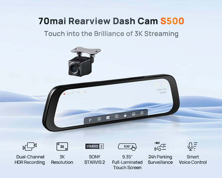 70mai Rearview Dash Cam S500 9.35'' Touch Screen 70mai S500 Car DVR 3K Super Capacitor Dual-Channel HDR Voice Control 24H Park