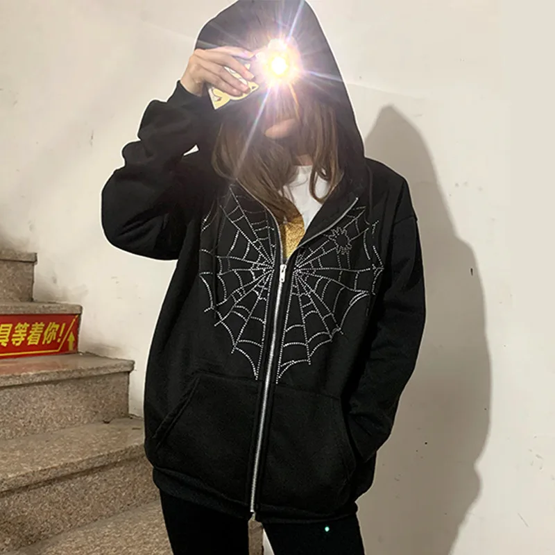 2024 Autumn/Winter Women's Gothic Fashion Y2K Spider Web Personalized Trend Hot Diamond Sports Leisure Street Wear Hoodie