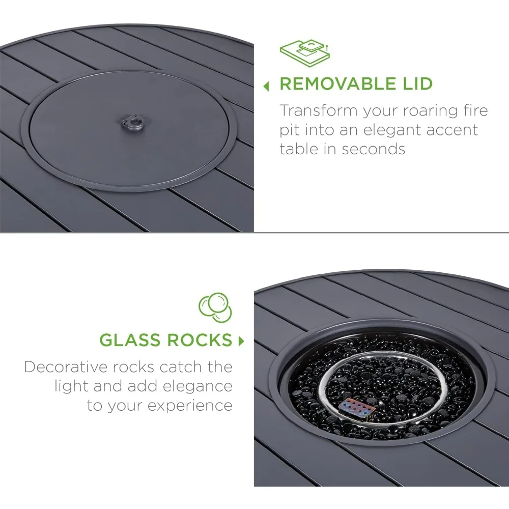 라운드 가스 파이어 핏 테이블, 50,000 BTU 야외 위커 파티오 프로판 파이어핏, 인조 나무 테이블 탑, 유리 구슬, 커버 포함, 32 인치