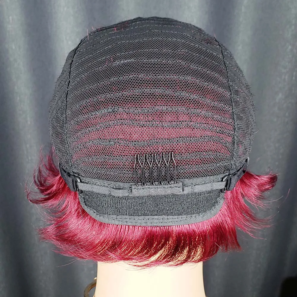 Wig Pixie Cut Pendek Burgundy Berlapis, Rambut Asli Berwarna Lurus dengan Poni untuk Wanita, Wig Buatan Mesin Penuh