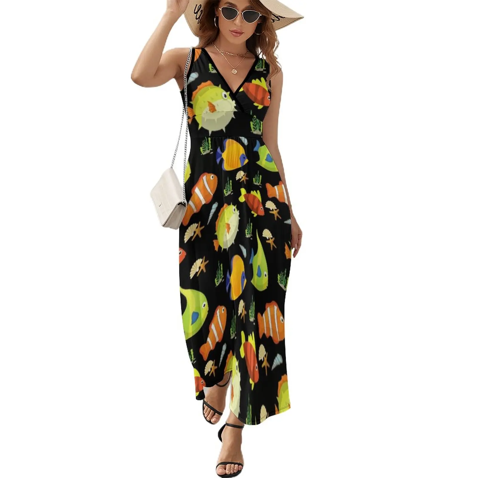 Tropical Fish Pattern in Black Background Sleeveless Dress summer dress for women 2023 elegant chic wedding evening dresses