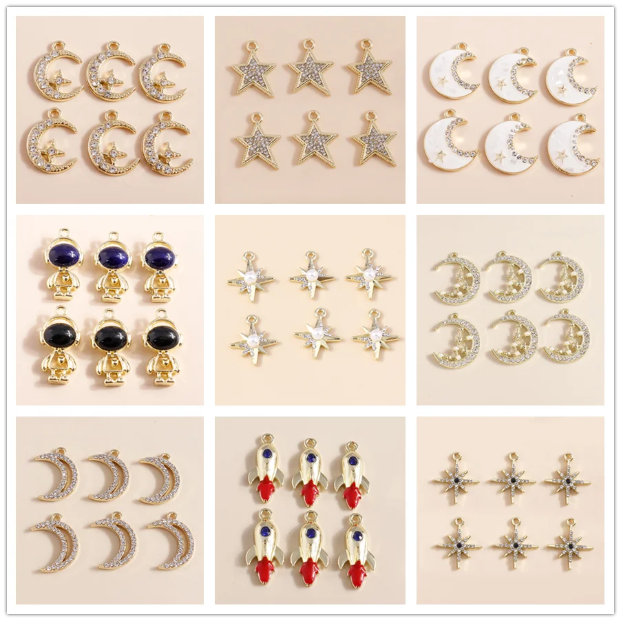 Leslie 5pcs Exquisite Pearl Crystal Sun Moon Stars Charms Rocket Astronaut Pendant for DIY Jewelry Making Accessories