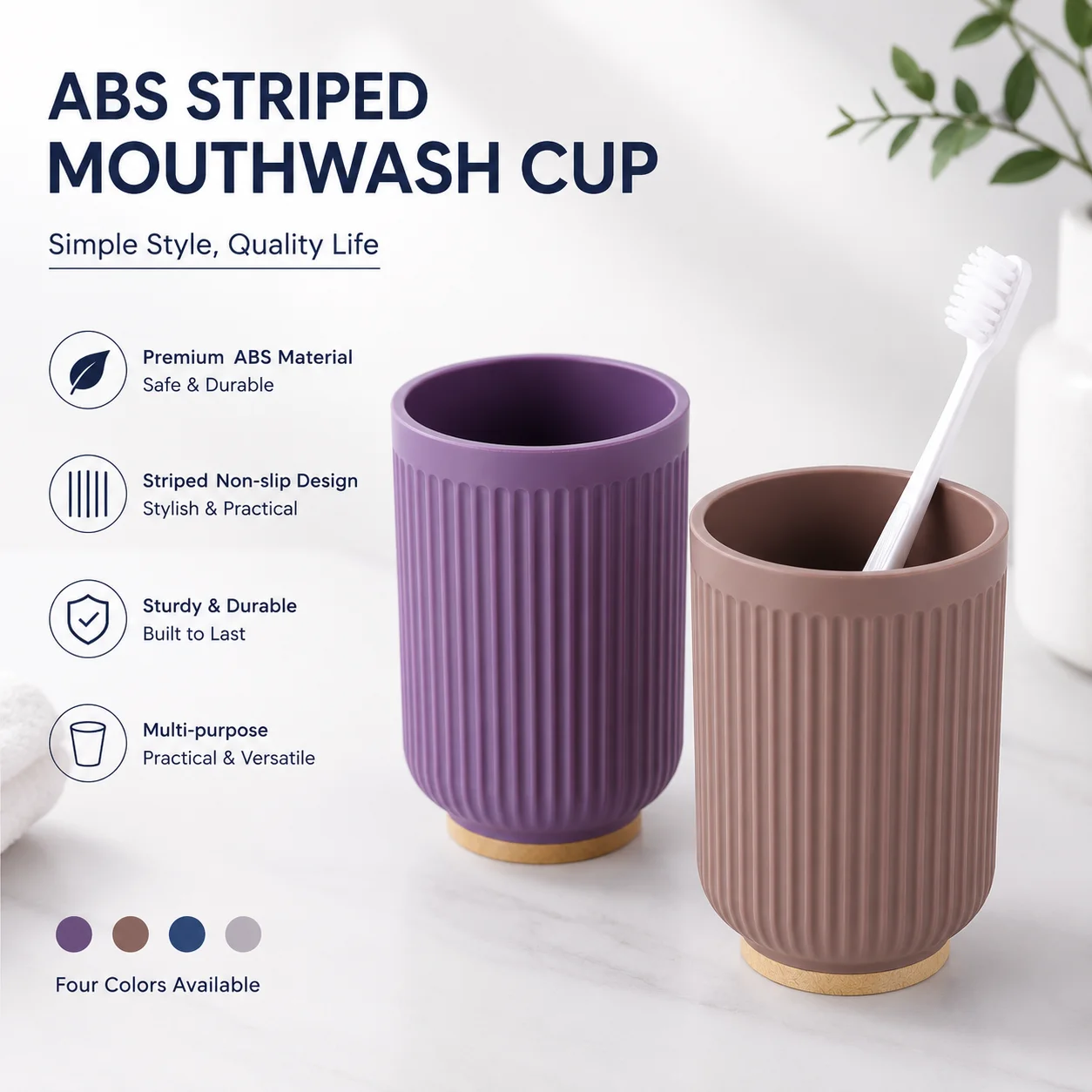 Copo de enxaguante bucal listrado com base de bambu para banho_voghion.com