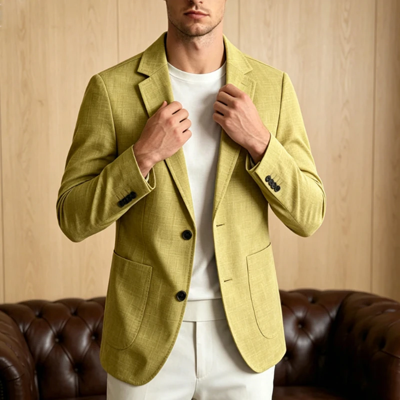 Men's Linen Blazer Notch Lapel 2 Button Slim Fit Suit Jacket Lightweight Breathable Business Casual Sport Coat for Men Spring