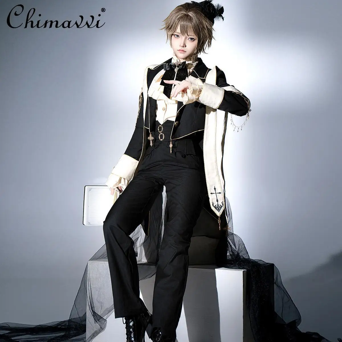 Original Design Lolita Prince Outfit - Boyish Priest Costume, Gothic Lolita Vest & Pants Set for Cosplay (Suit Included)