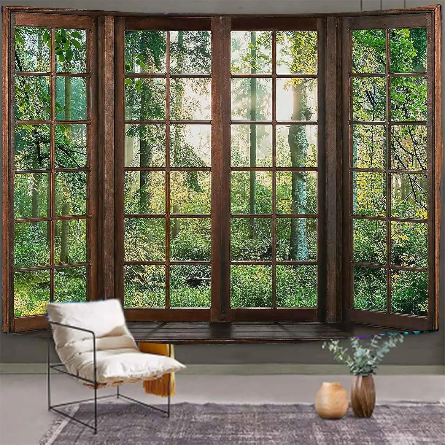Large Forest Landscape Window Grid Tapestry Wall Hanging Polyester Room Decor Screen Art Rustic Multi Pane Divider Indoor Decora
