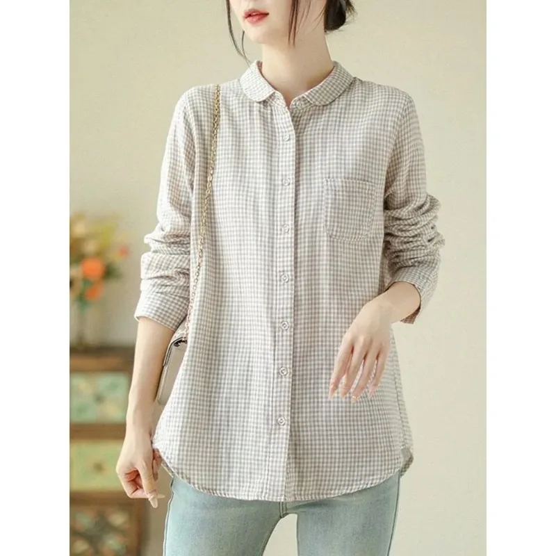 

Baby Doll Collar Gauze Plaid Shirt Long Sleeve Loose Bottoming Cotton Linen Top