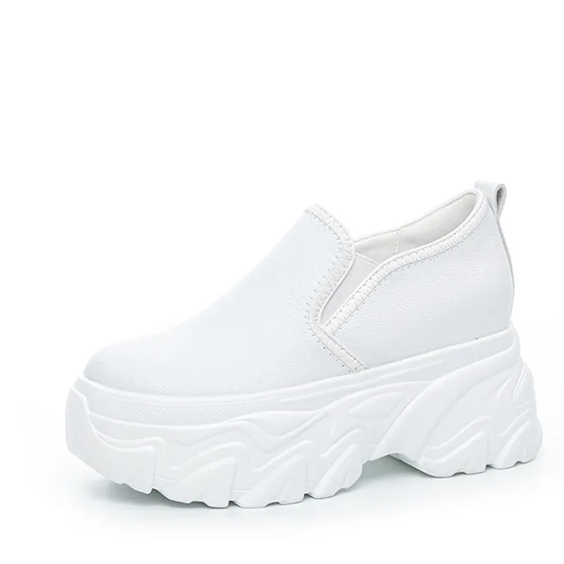 

Белые женские кроссовки на платформе 9 см, белые туфли на танкетке, туфли на массивной платформе, женская обувь без шнуровки, слипоны