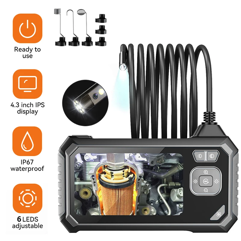 Industrial Endoscope Camera 1080P 8.0mm Single Lens 4.3inch Inspection Cameras With Semi-Rigid Cord gifts for men tool Car Engin