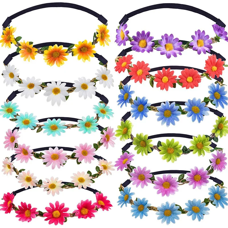 

2022 Trend Women Boho Sunflowers Daisy Flowers Headband Hairband Hair Ornaments Garland Floral Wreath Woven Hair Decor Acces