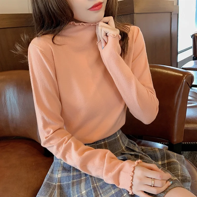 2023 Autumn/Winter Half High Collar Wooden Ear Edge Bottom Shirt Women's Inner Layer Sweater Knit Top Pullover Versatile