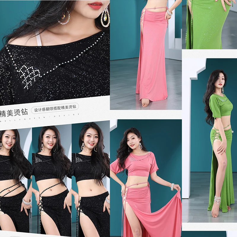 ชุดเต้นระบำหน้าท้องเซตเสื้อและกระโปรง2ชิ้นสำหรับผู้ใหญ่ผู้หญิงชุดทำงานเวทีชุดฝึกส่วนตัว