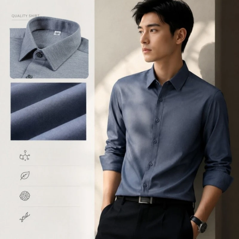 Men's Wool Blend Shirt - Machine Washable, Wrinkle-Resistant, Slim Fit Business Casual Dress Shirt