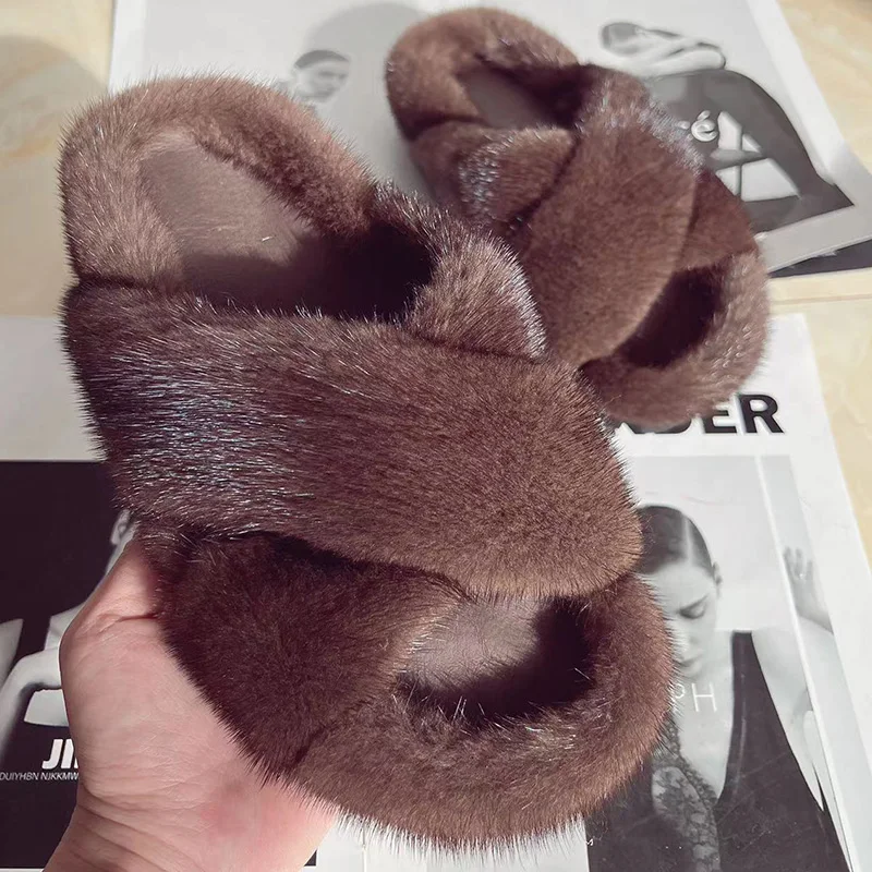 

Women Fur Slippers Real Fluffy Mink Cross Slippers Ladies Shoes New Arrival 2024 Designer Low Heel Keep Female Slides