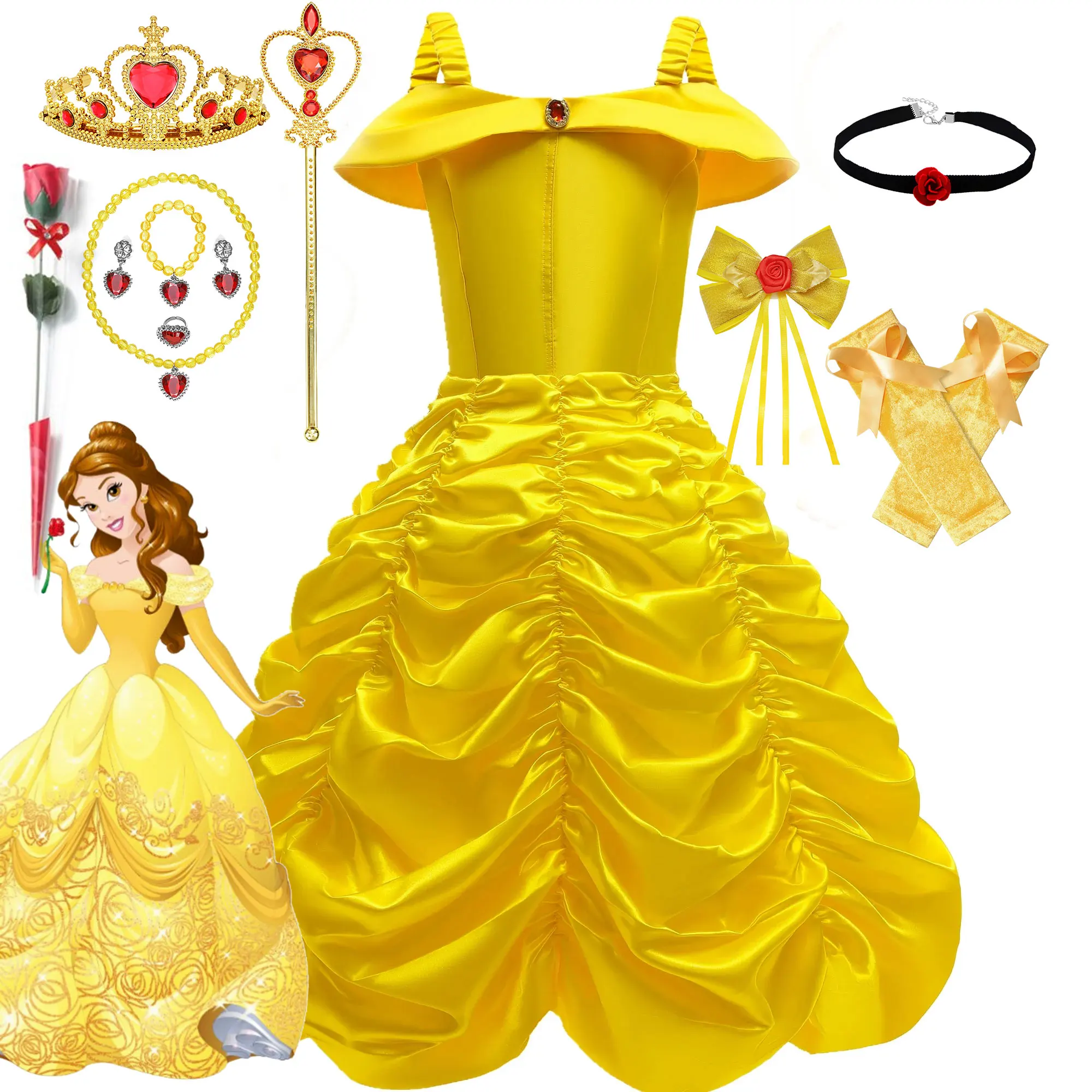 Off Shoulder Princess Belle Ball Gown Ruffled Party Dress Girls Carnival Halloween 2024 Kid Beauty and the Beast Cosplay Costume