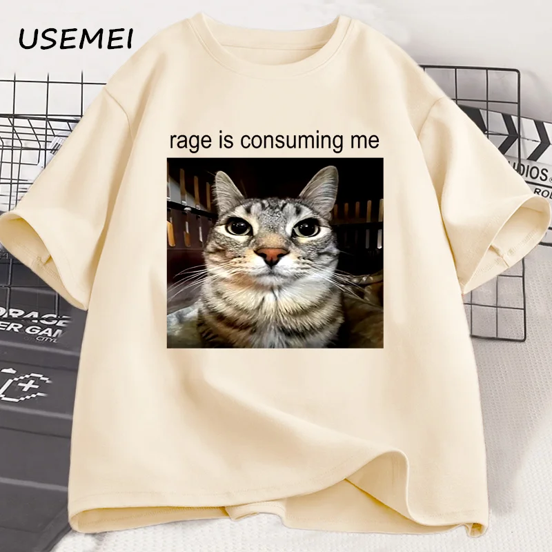 

Rage Is Consuming Me Silly Staring Cat Meme Футболка Повседневная хлопковая футболка с короткими рукавами Мужчины Женщины Cat Lover Футболка большого размера