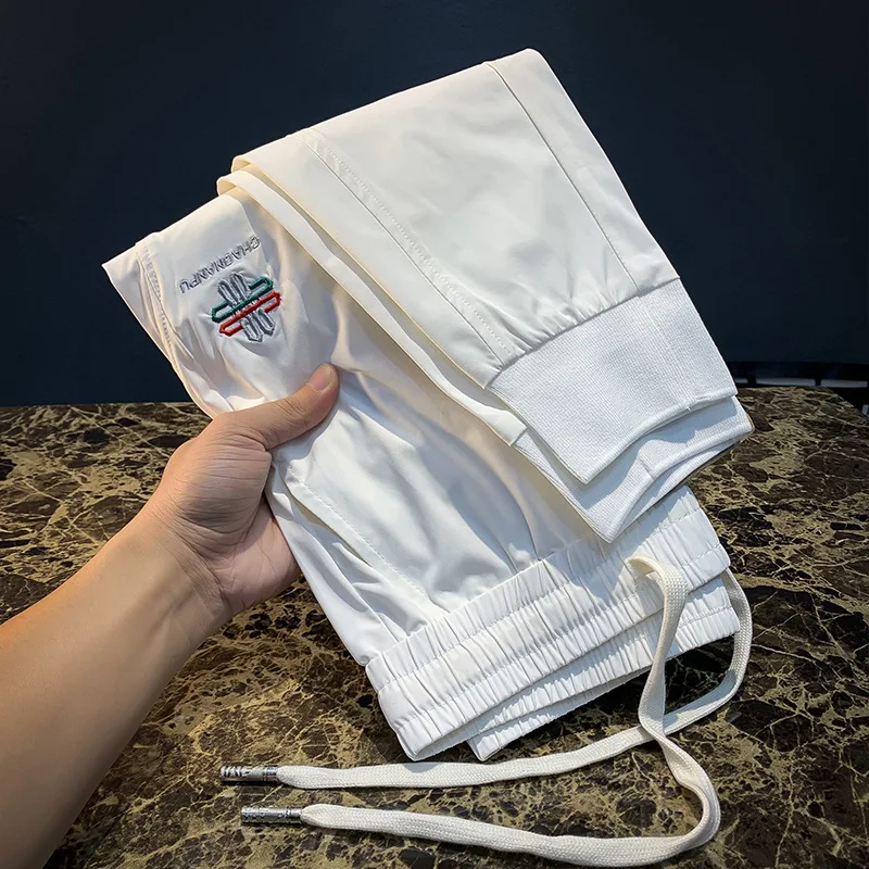 Casual pants men's summer new elastic high-end embroidered ankle pants ultra-thin trendy sports pants