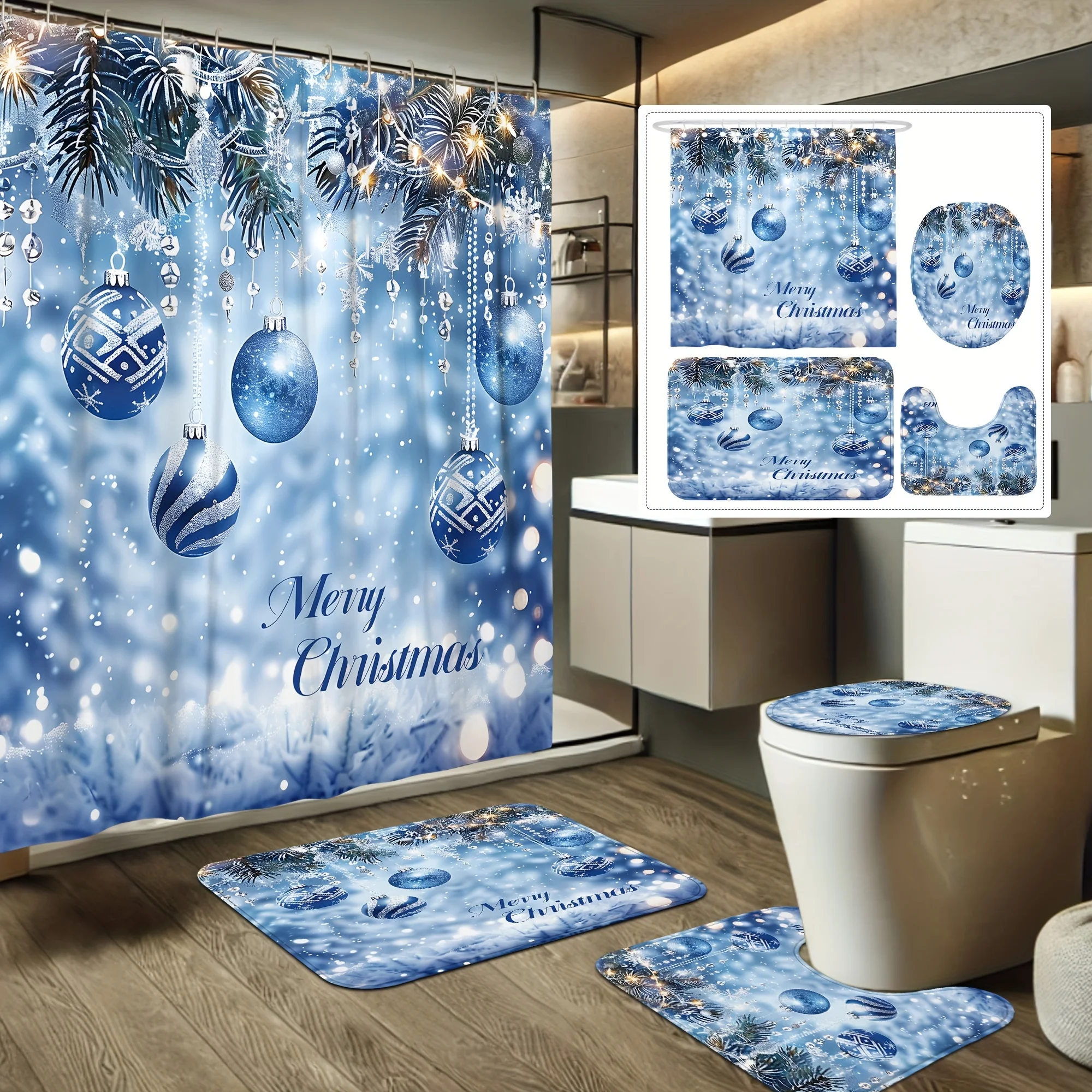 4PCS Merry Christmas Shower Set – Blue Ball Print, 12 Hooks, Non-Slip Mat & U-Shaped Toilet Seat Cover – Holiday Bathroom Gift