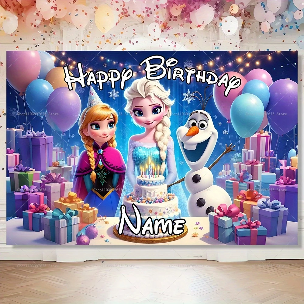 Fondos de fiesta de la princesa Elsa de Frozen de Disney, nombre personalizado, decoración de cumpleaños para niñas, fondo para fotografía, pancarta para Baby Shower
